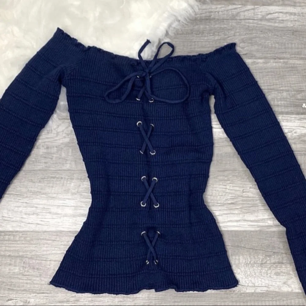 ✨new✨ Off the Shoulder Lace Up Top Navy